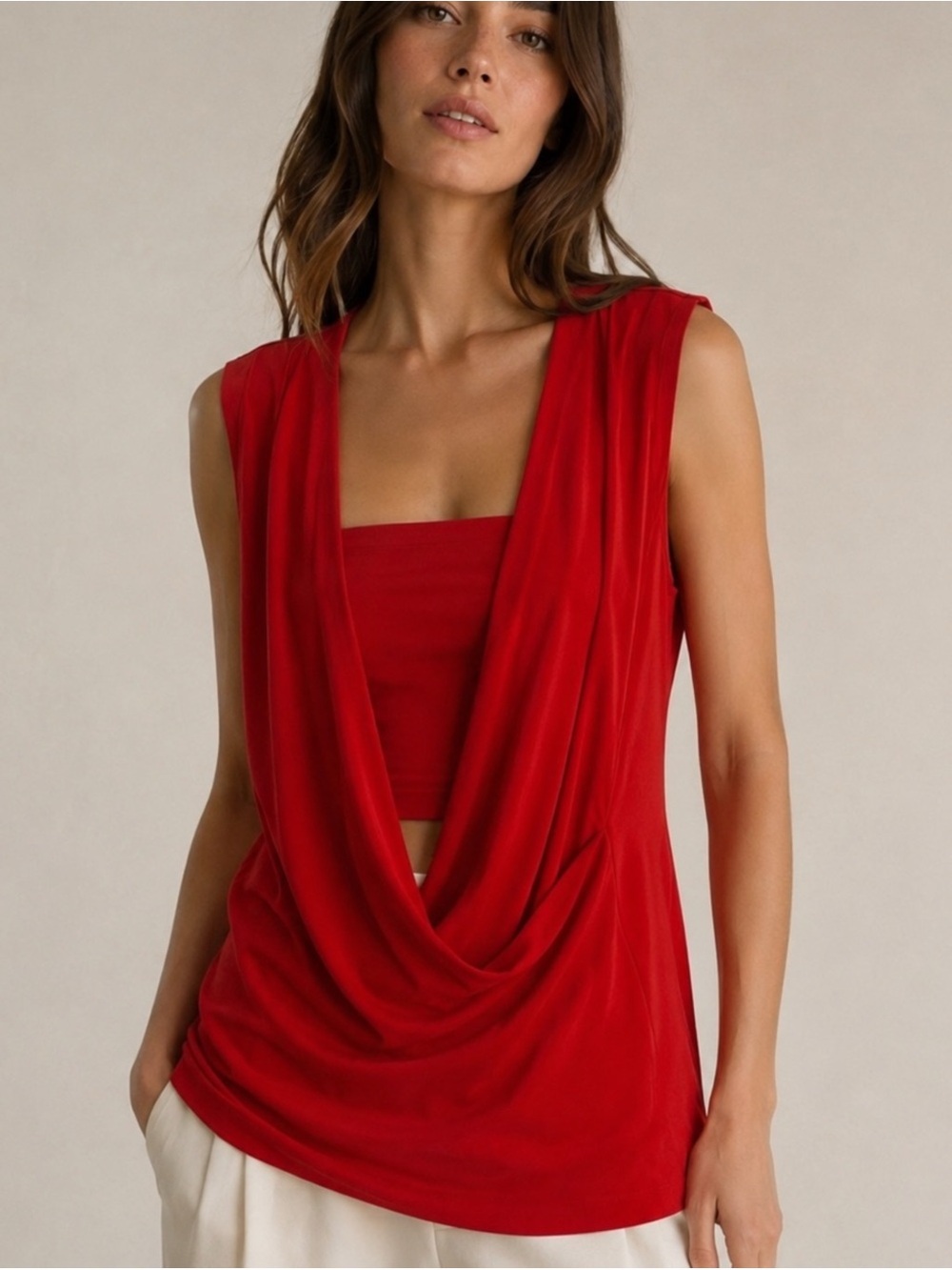 Ralph Lauren Red Open Front Draped Sleeveless Tunic